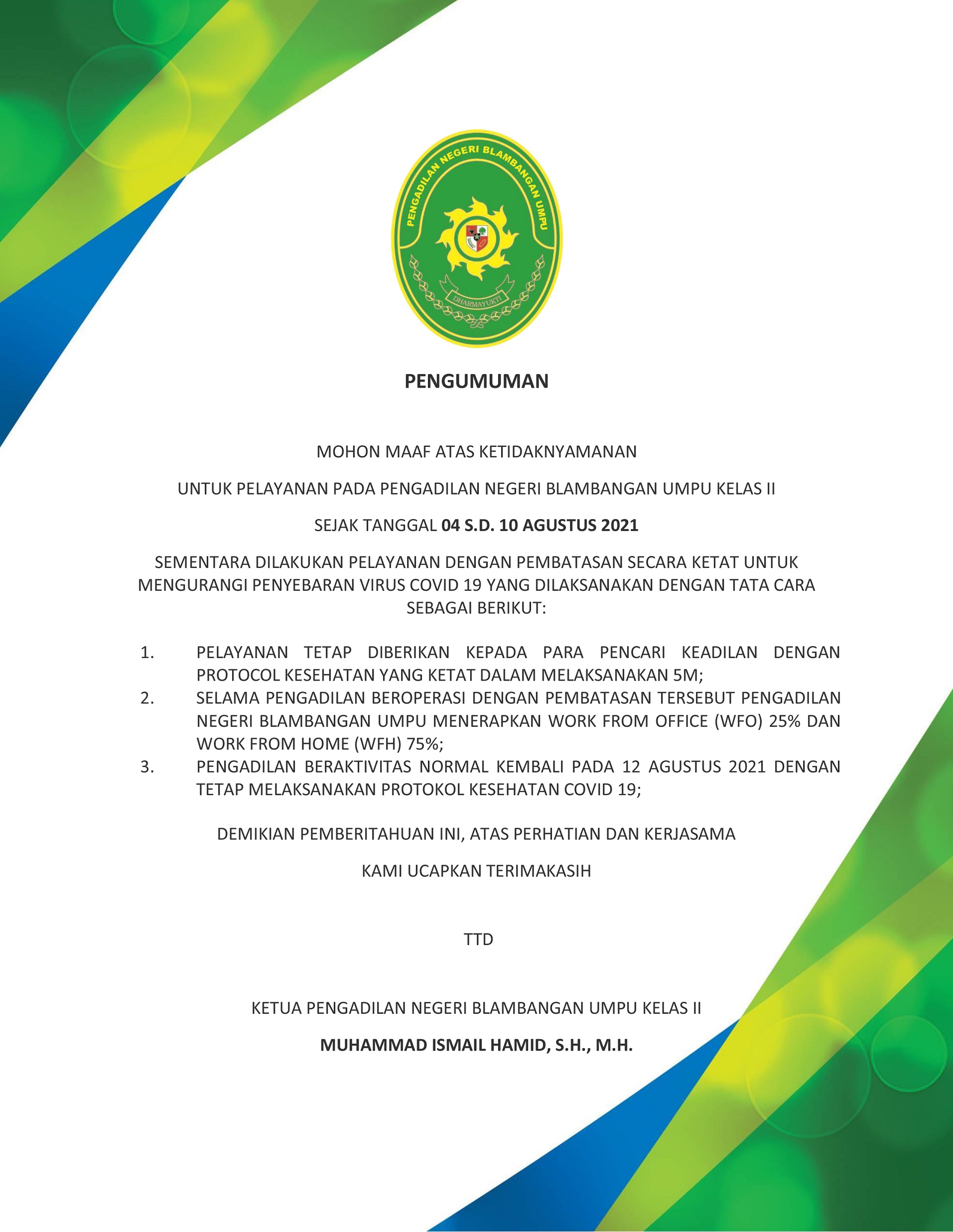 PENGUMUMAN COVID 19 REVISI 1
